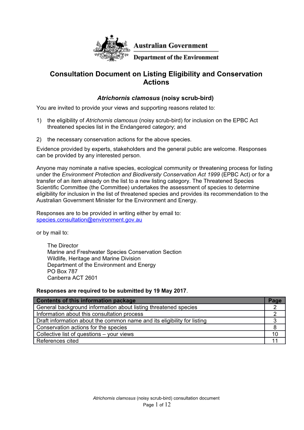 Consultation Document on Listing Eligibility and Conservation Actions Atrichornis Clamosus