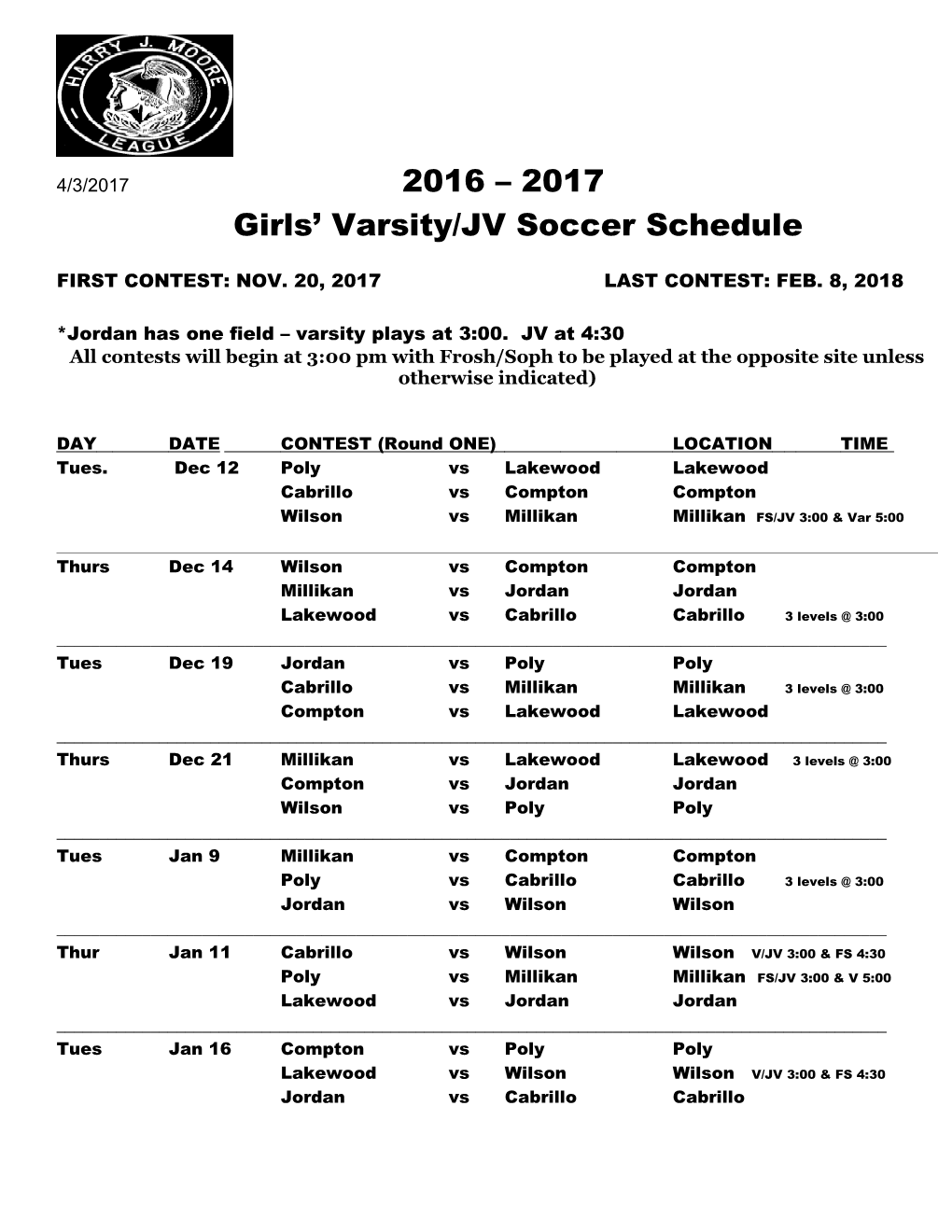 Girls Varsity/JV Soccer Schedule