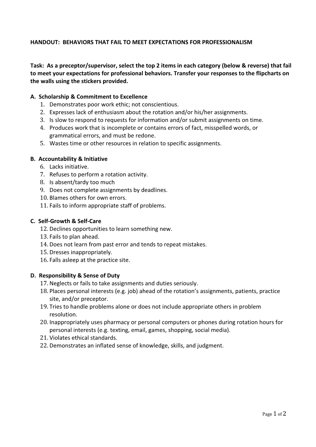 Handout: Behaviors That Fail to Meet Expectations for Professionalism