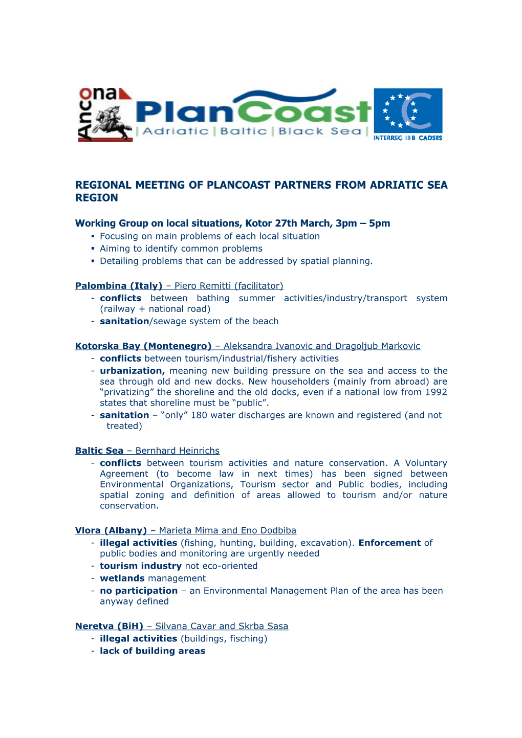 Regional Meeting of Plancoast Partners from Adriatic Sea Region