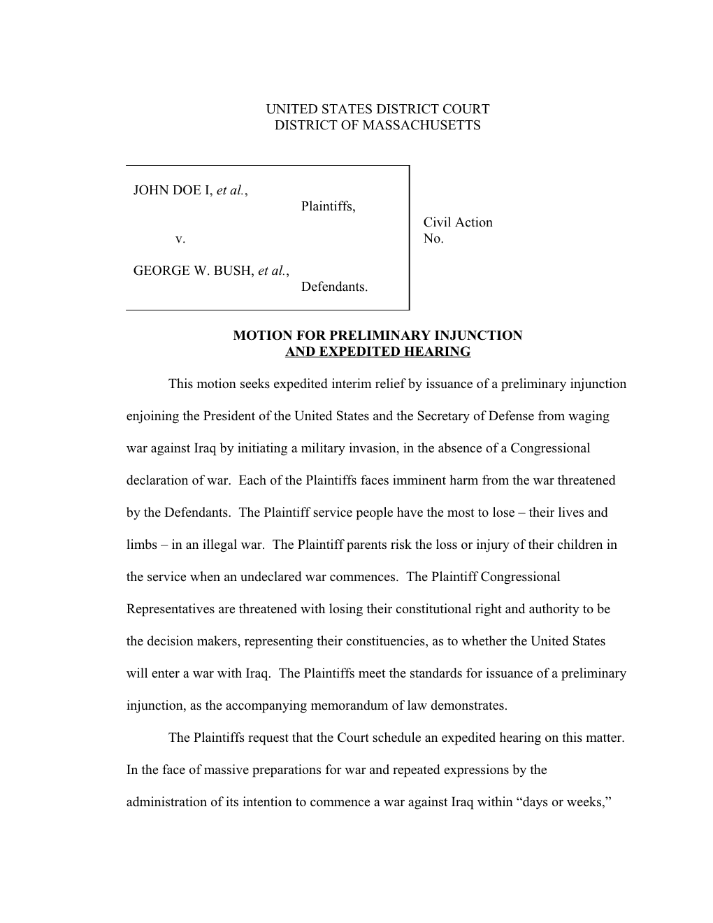 Motion for Preliminary Injunction and Expedited Hearing (KDB1249;1)