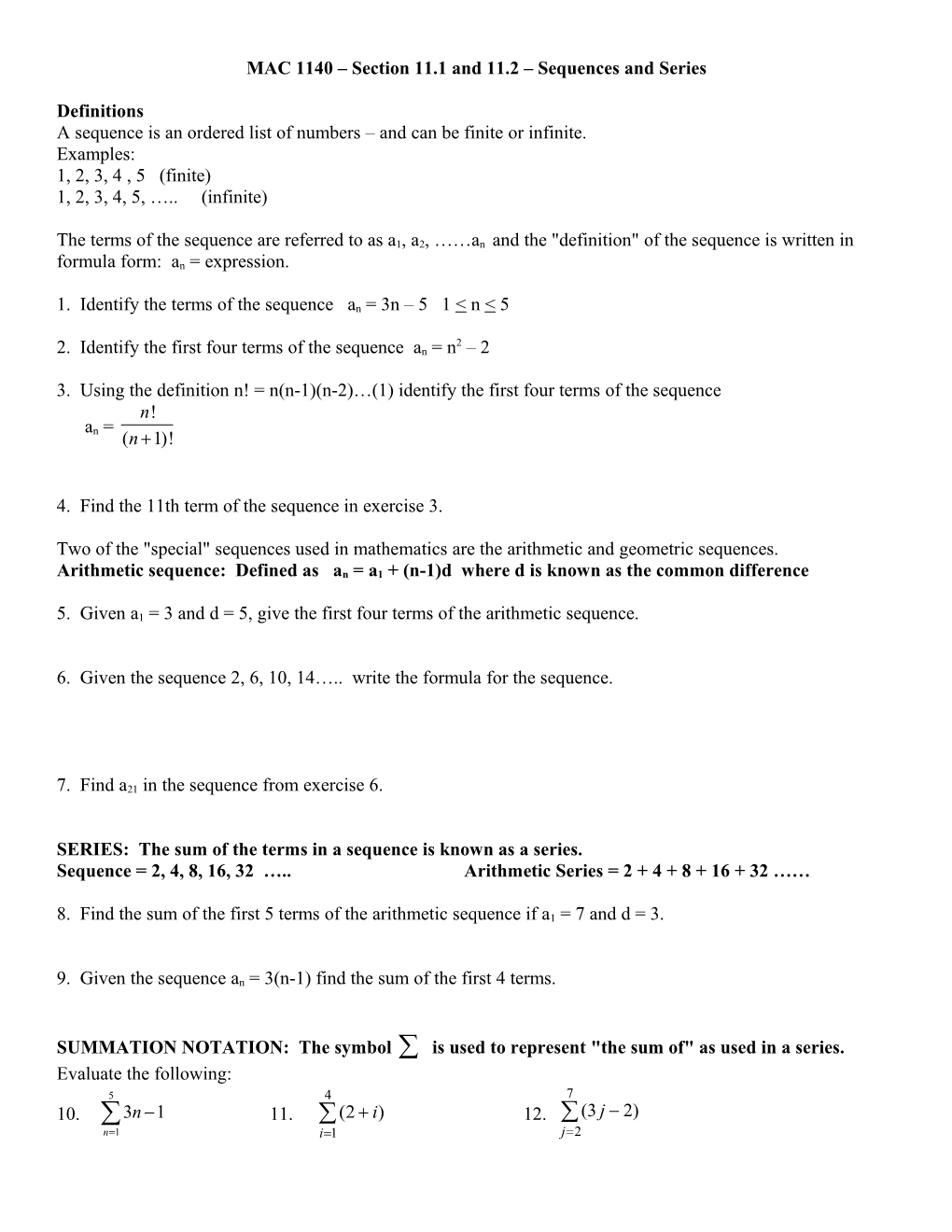 MAC 1140 Section 11.1 and 11.2 Sequences and Series