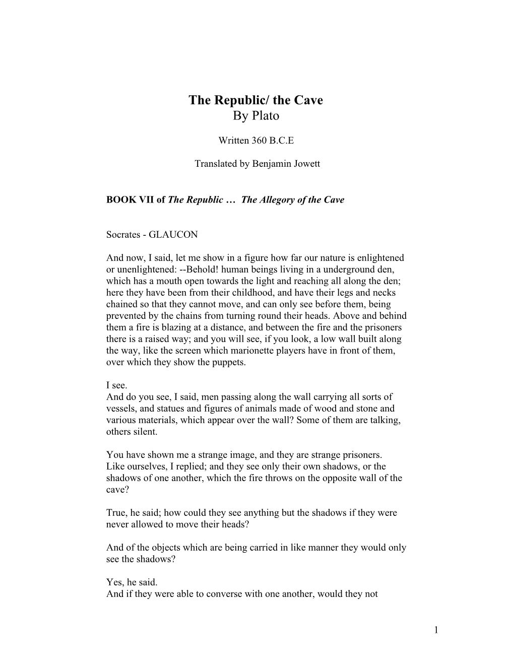 BOOK VII of the Republic the Allegory of the Cave