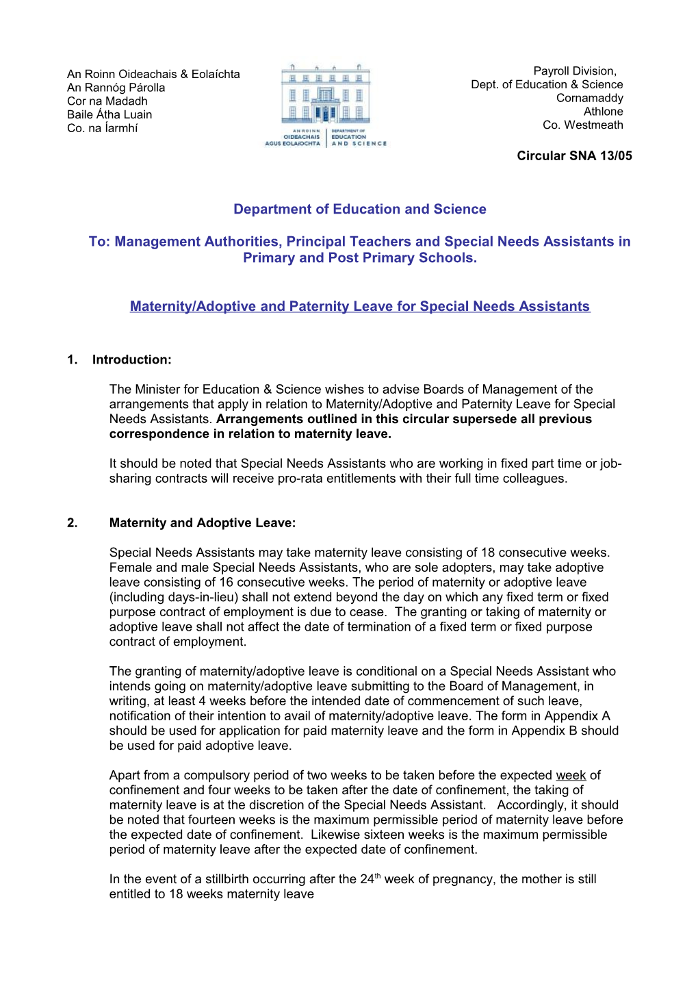 Maternity/Adoptive And Paternity Leave For Special Needs Assistants (File Format Word 163KB)