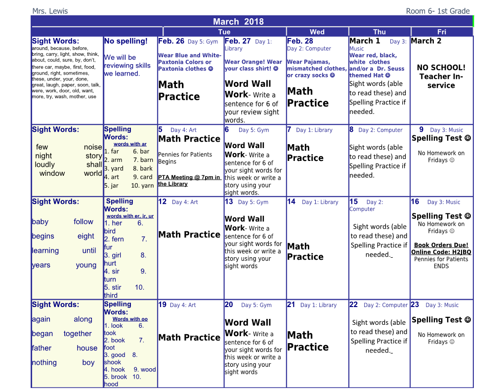 Mrs. Lewis Room 6- 1St Grade