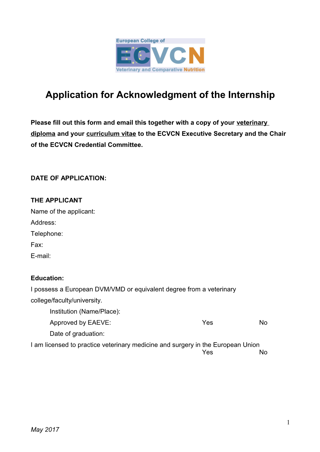 Application for Acknowledgment of the Internship