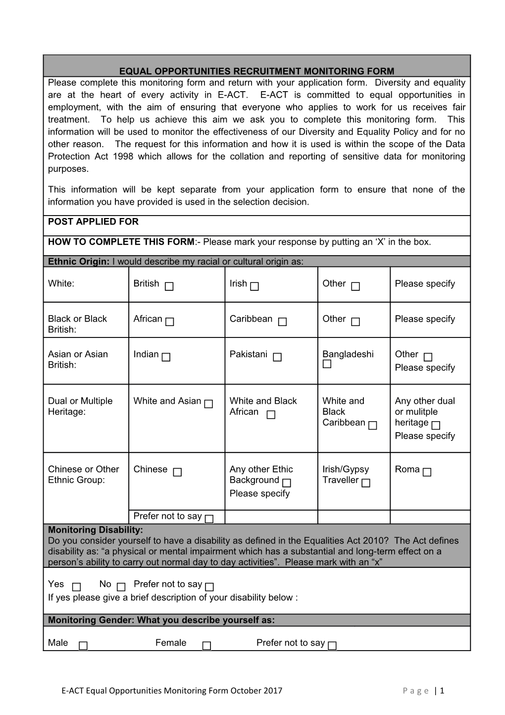 E-ACT Equal Opportunities Monitoring Form October 2017 Page 1