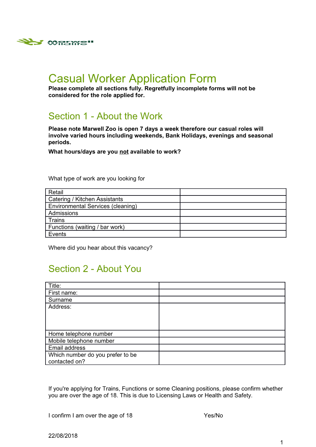 Casual Worker Application Form