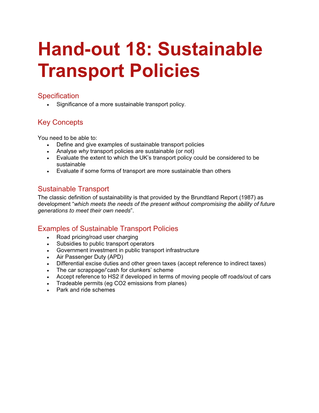 Hand-Out 18: Sustainable Transport Policies