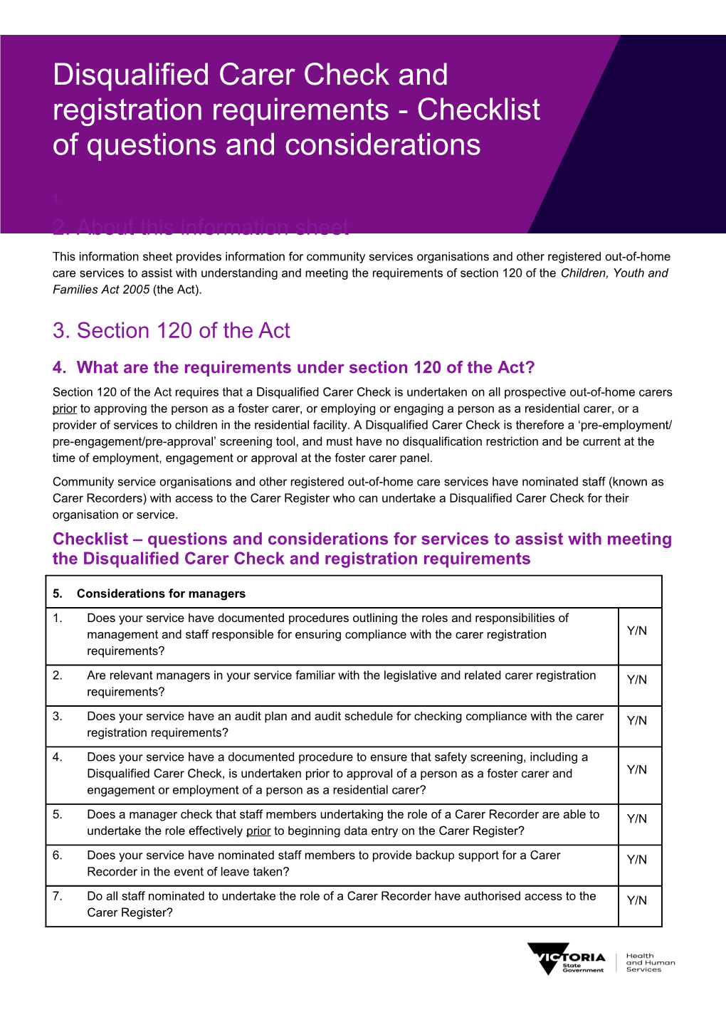 Disqualified Carer Check and Registration Requirements - Checklist of Questions And