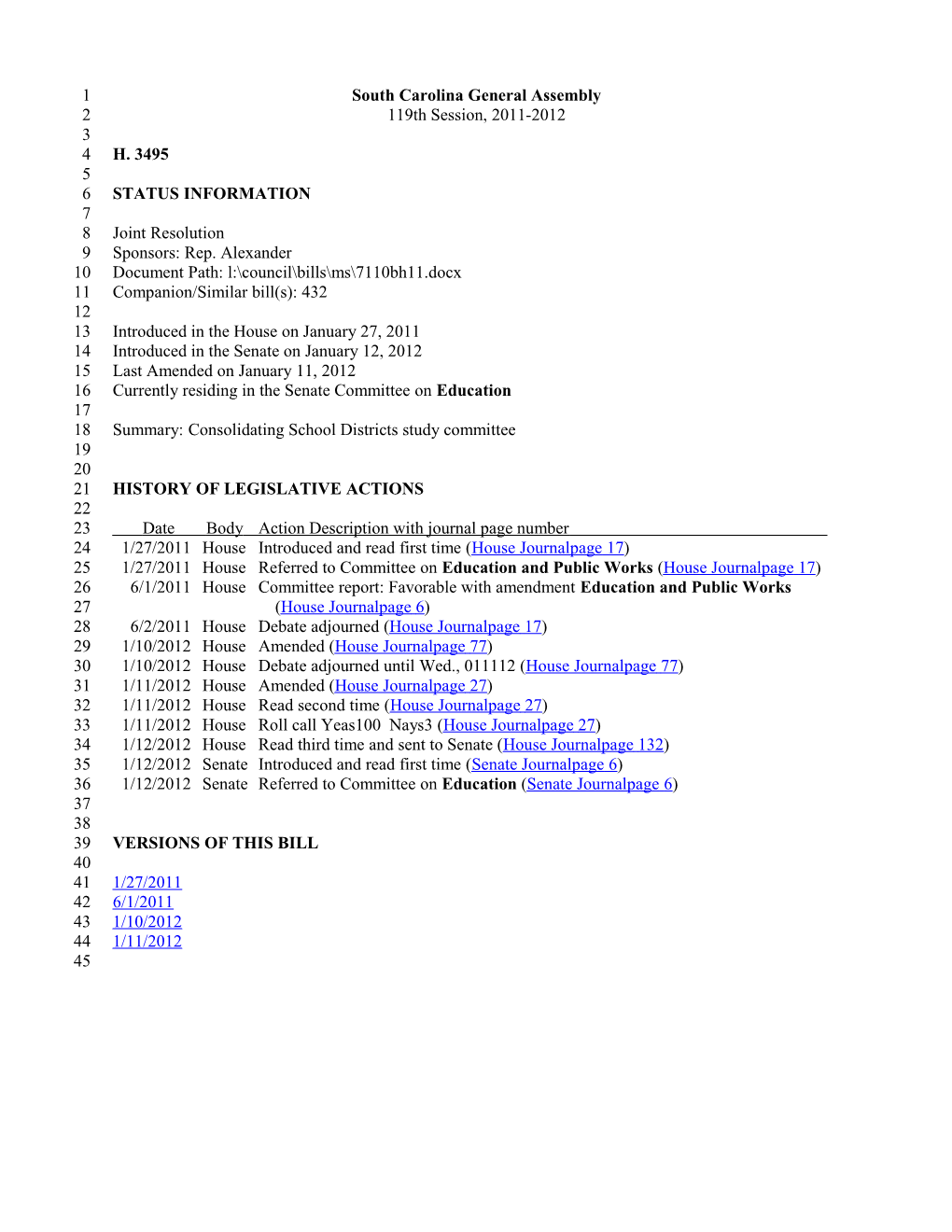 2011-2012 Bill 3495: Consolidating School Districts Study Committee - South Carolina Legislature