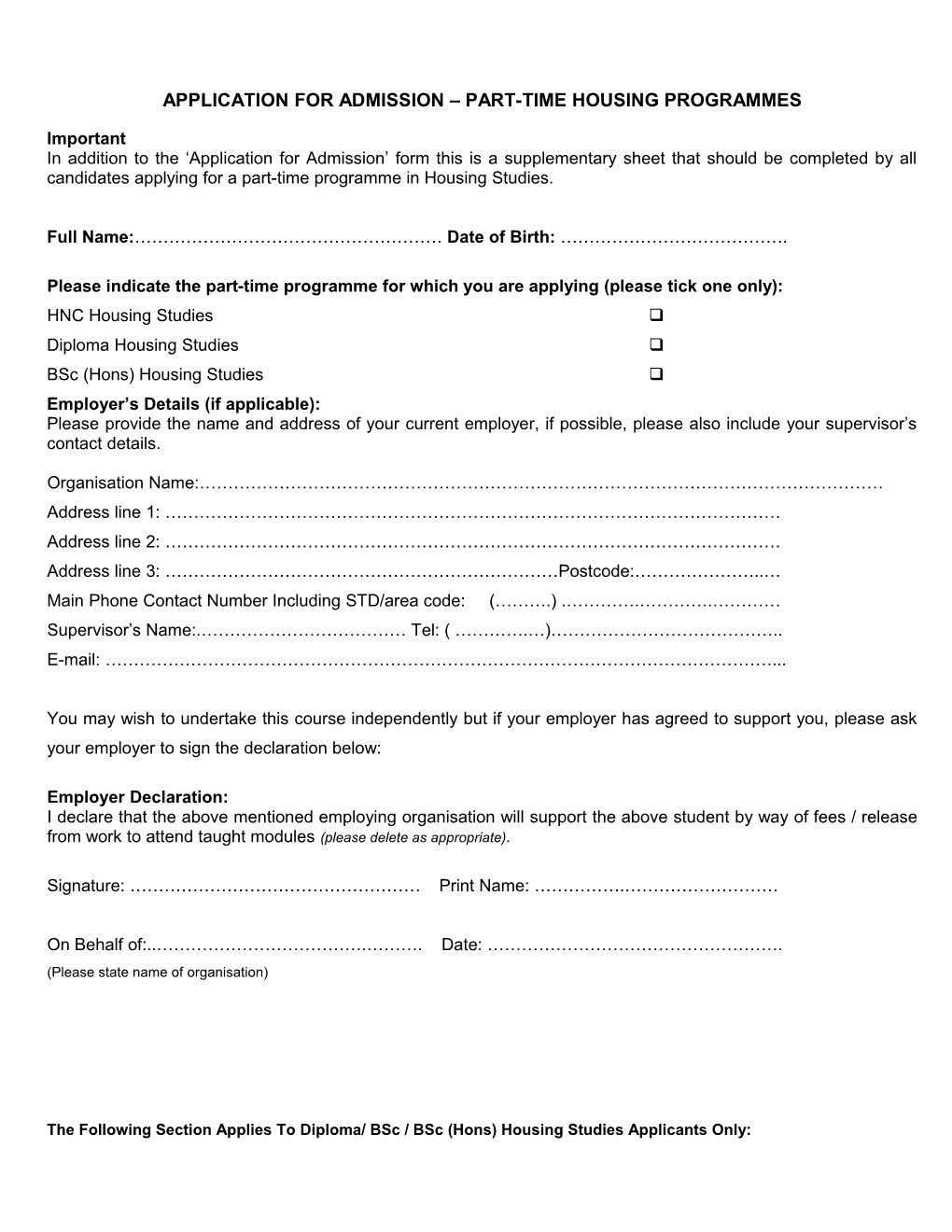 Housing Studies Application Form