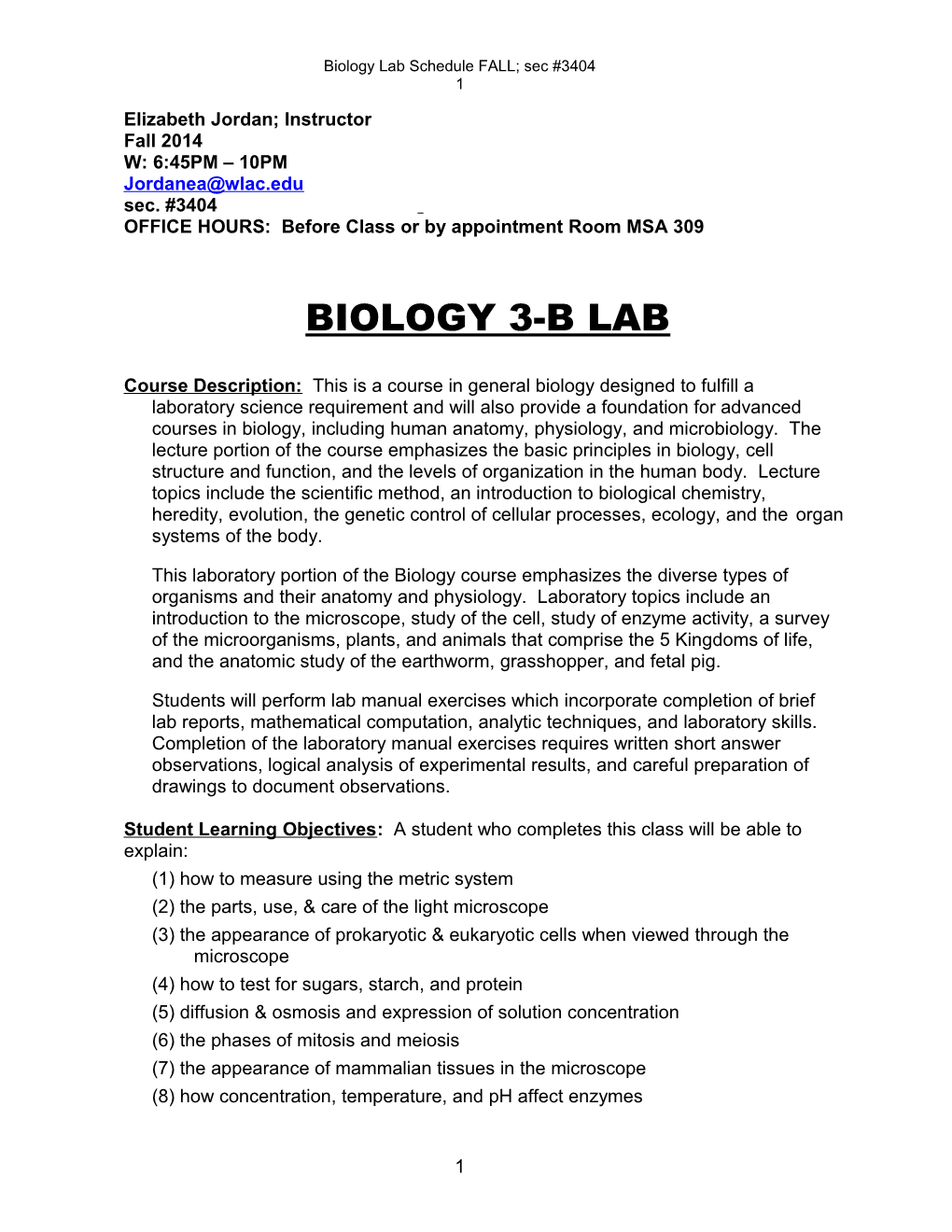 Biology Lab Schedule FALL; Sec #3404