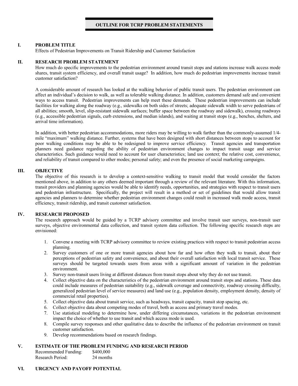 Outline for Tcrp Problem Statements