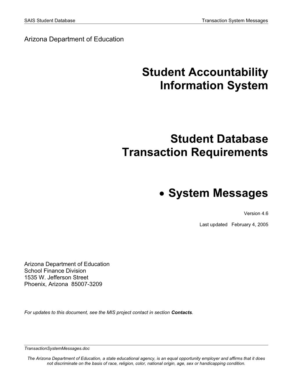 SAIS Student Database Transaction System Messages