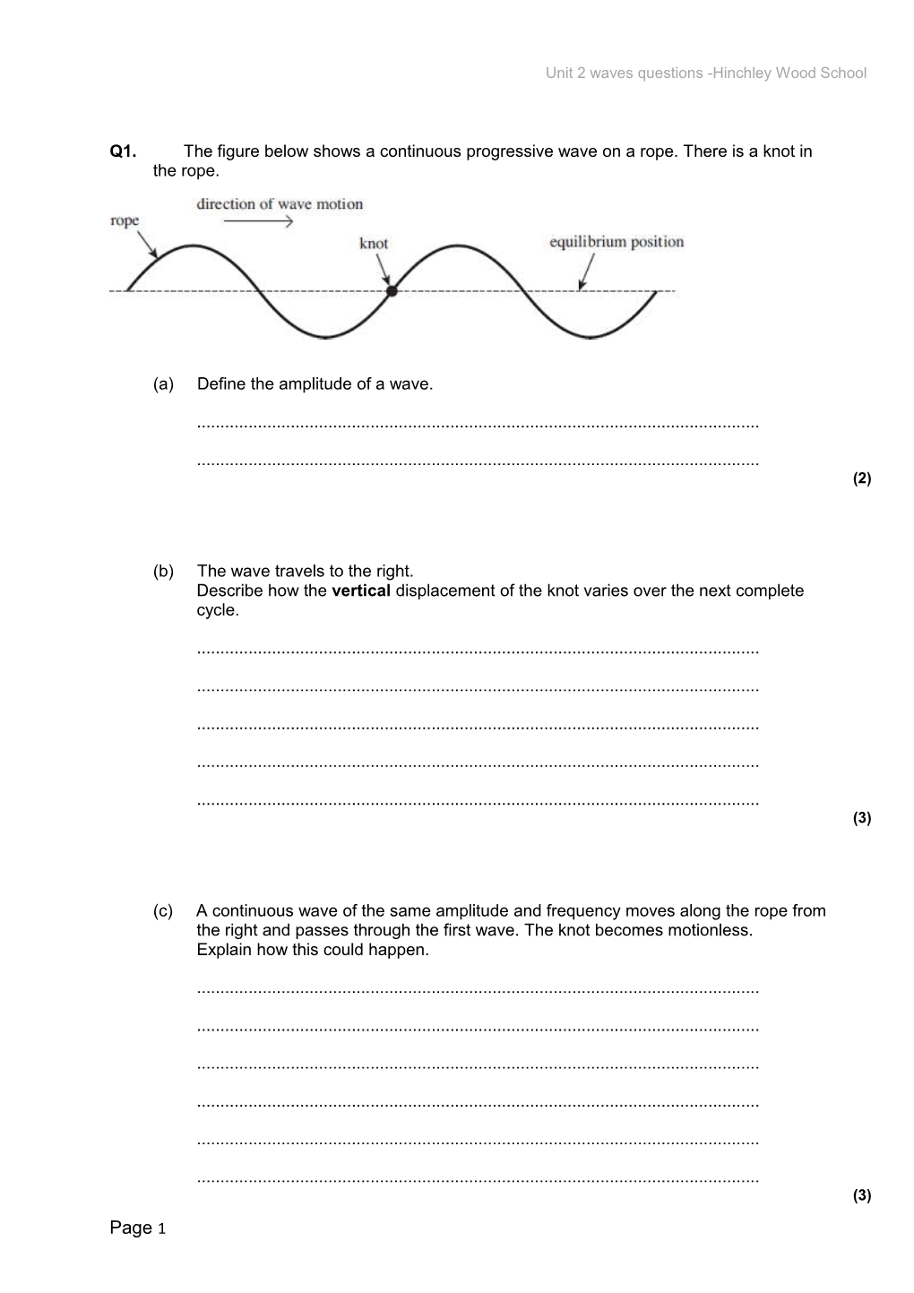 Unit 2 Waves Questions -Hinchley Wood School