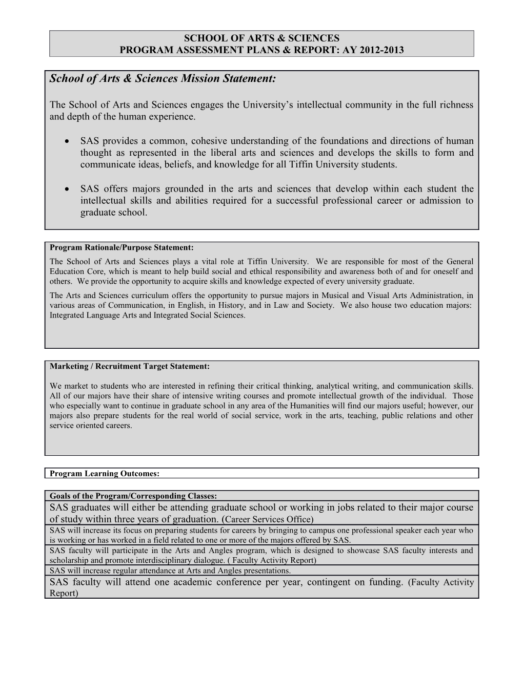 Program Assessment Plans & Report: Ay 2012-2013