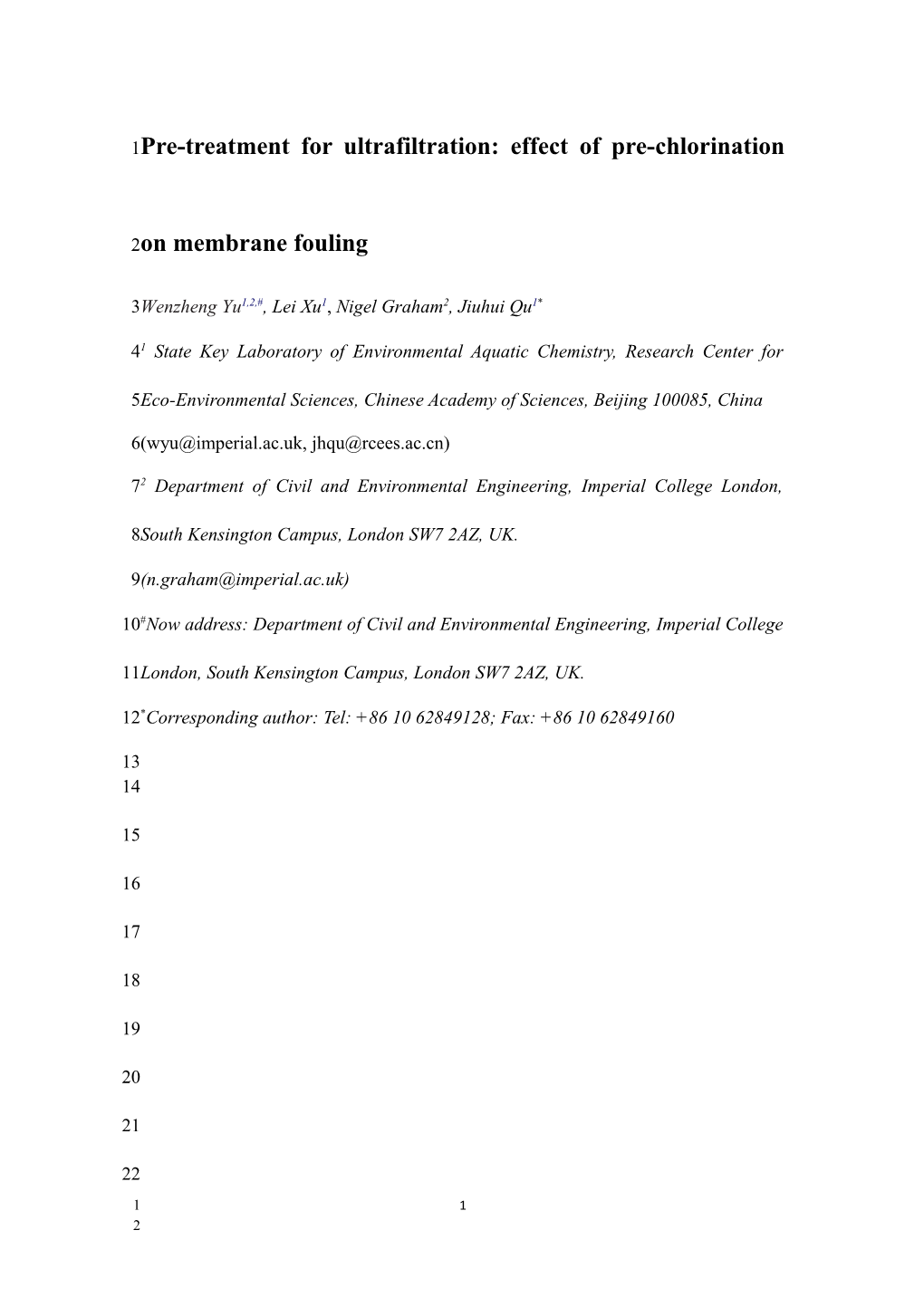 Pre-Treatment for Ultrafiltration: Effect of Pre-Chlorination on Membrane Fouling