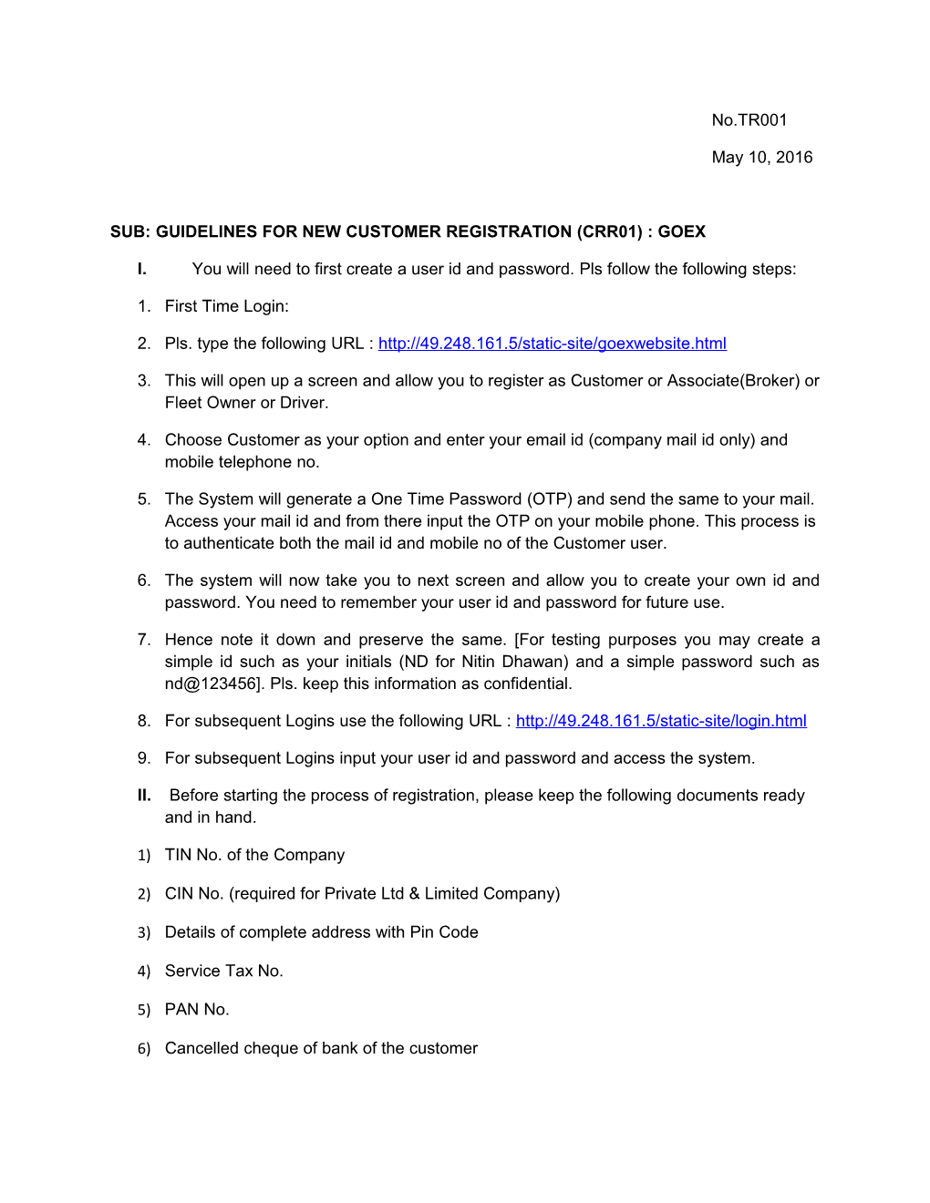 Sub: Guidelines for New Customer Registration (Crr01) : Goex