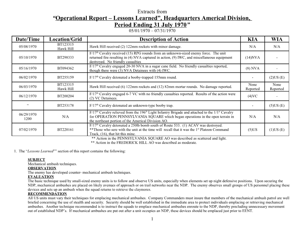 Operational Report Lessons Learned , Headquarters Americal Division