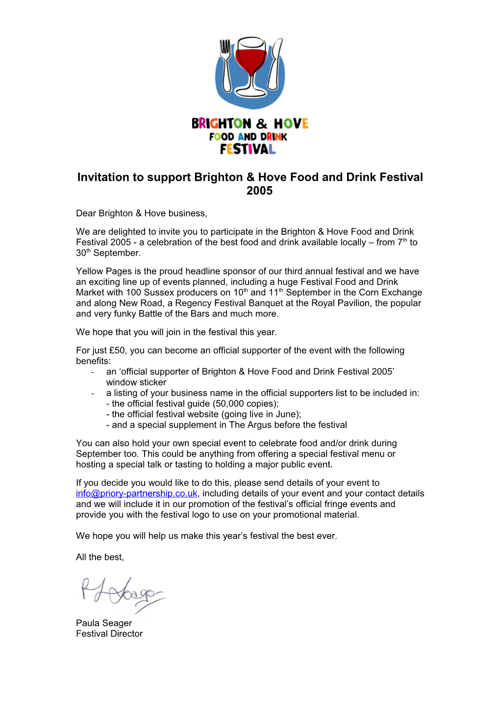 Invitation to Support Brighton & Hove Food and Drink Festival 2005