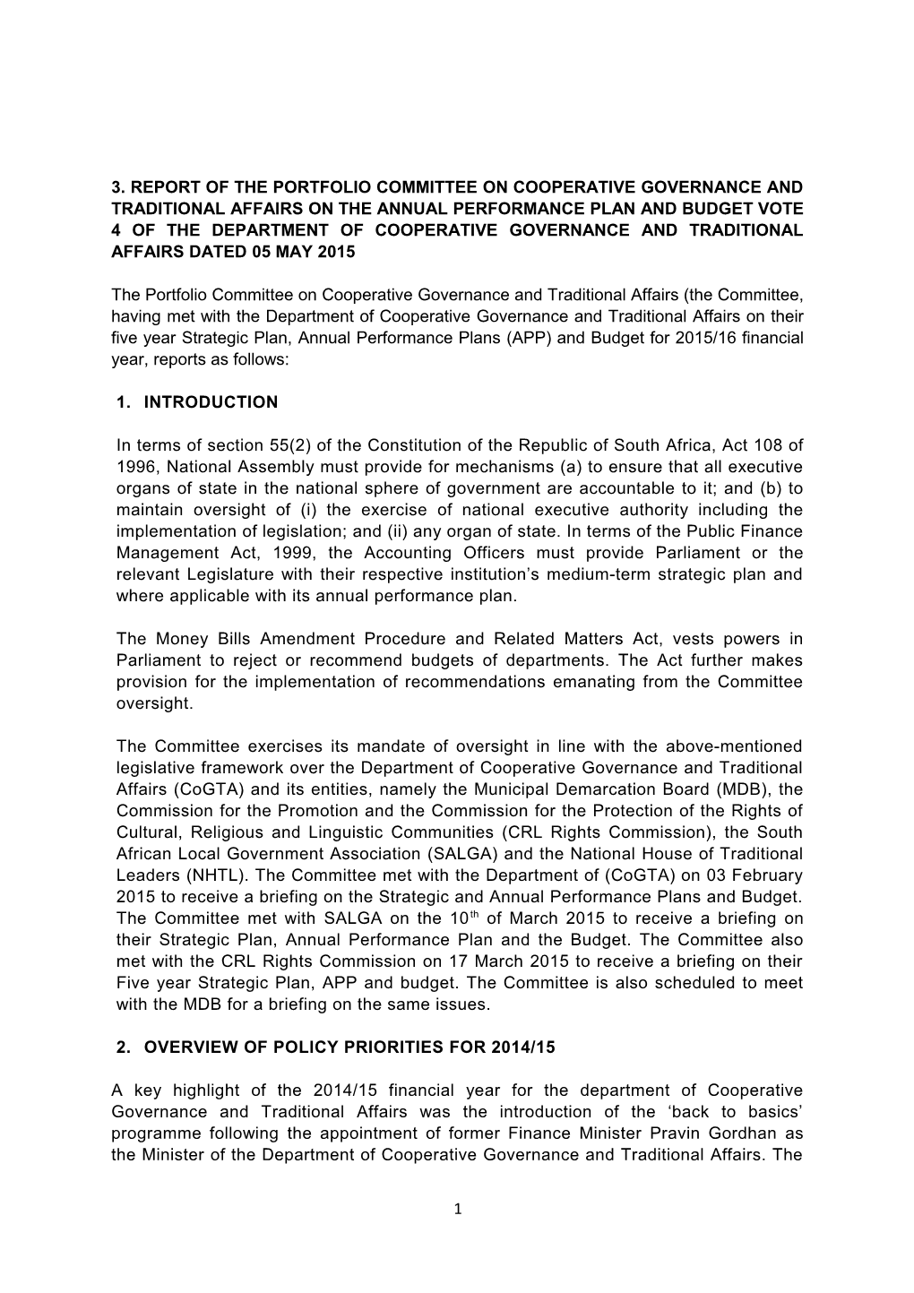 3. Report of the Portfolio Committee on Cooperative Governance and Traditional Affairs