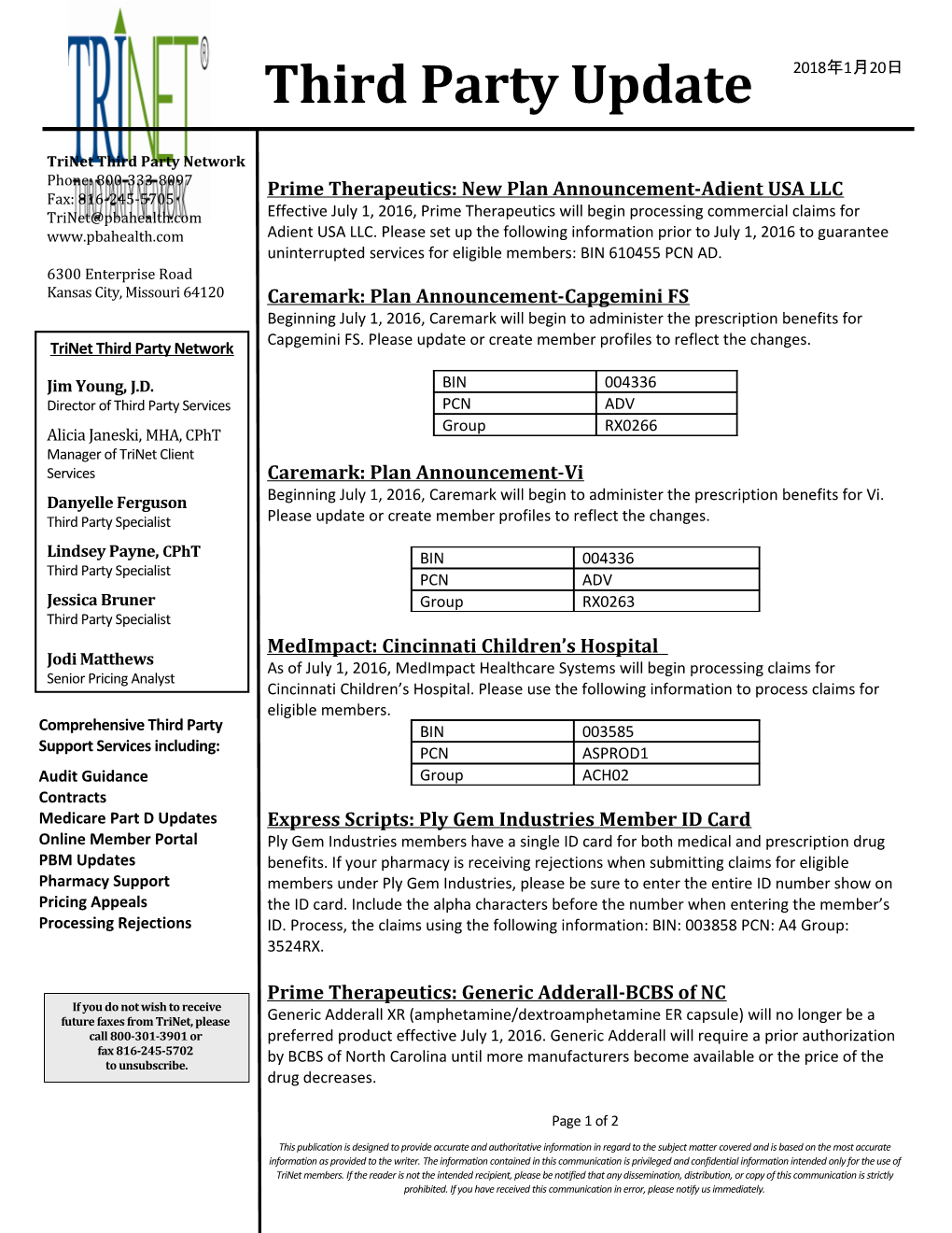 Prime Therapeutics: New Plan Announcement-Adient USA LLC