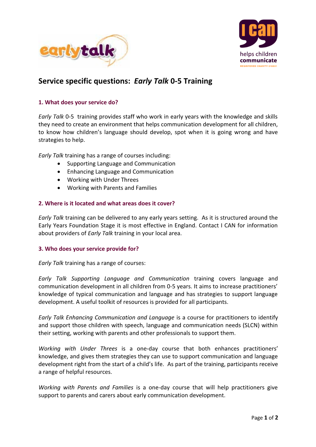 Service Specific Questions:Early Talk0-5 Training