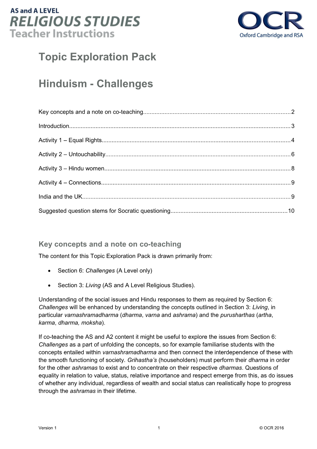 OCR GCSE Religious Studies Topic Exploration Pack: Hinduism - Challenges
