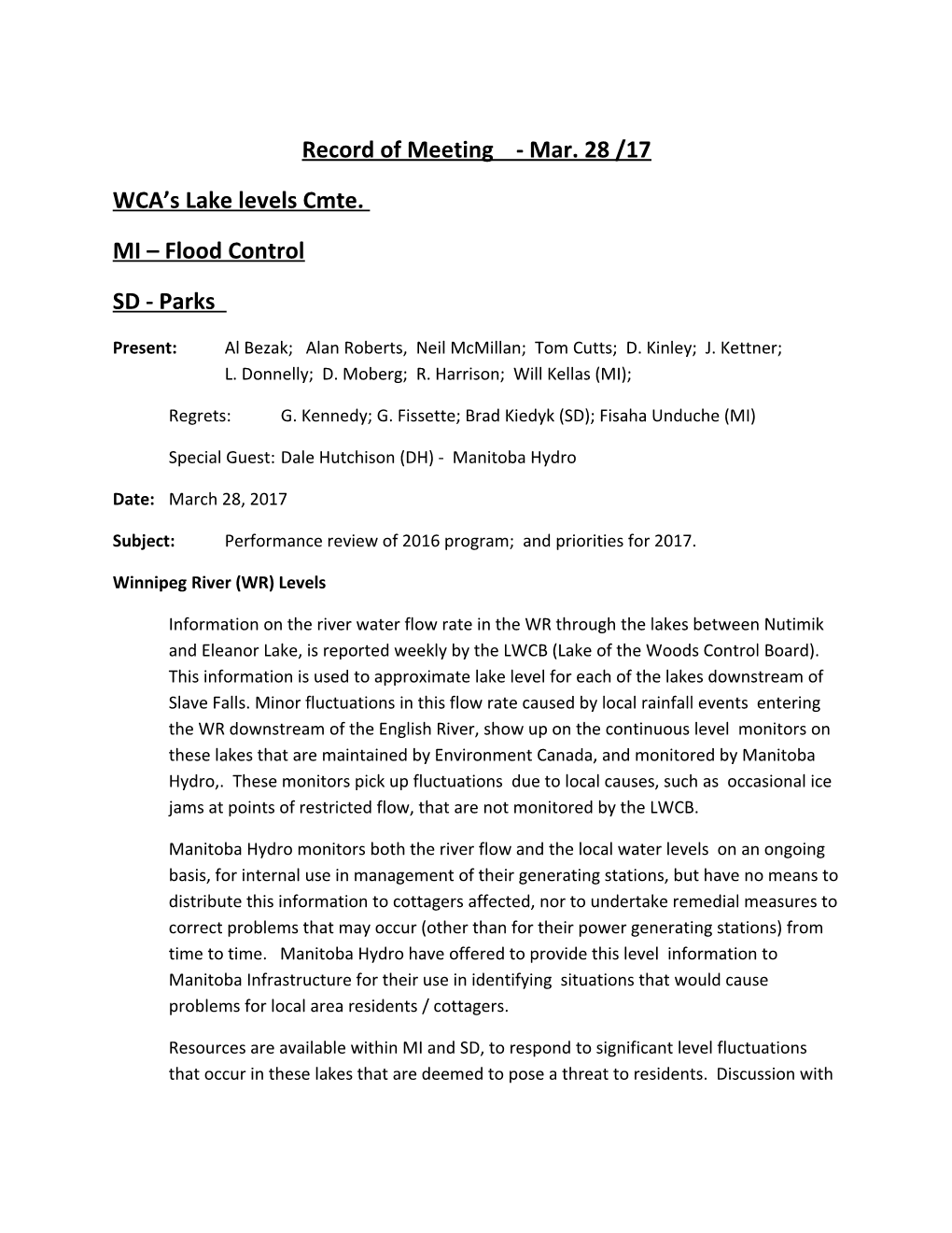 WCA S Lake Levels Cmte