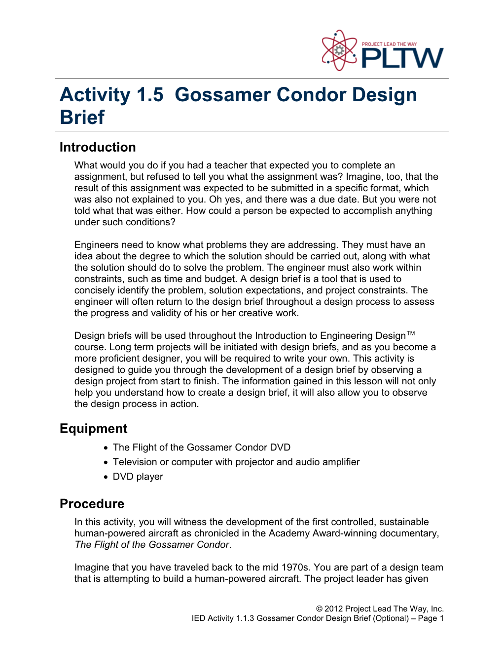Activity 1.1.3:Gossamer Condor Design Brief