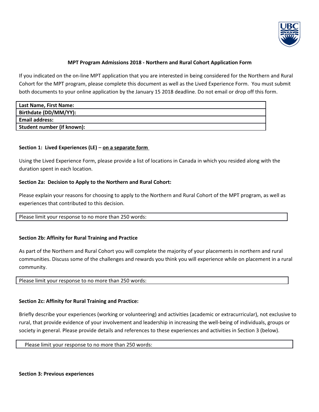 MPT Program Admissions 2018 - Northern and Rural Cohort Application Form