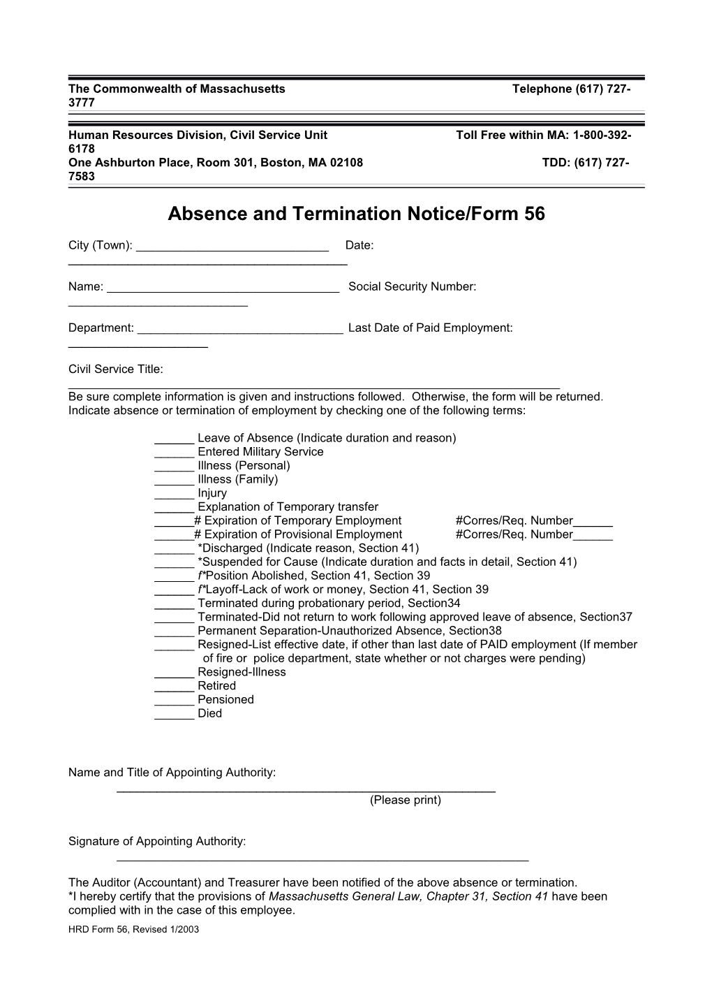 Absence and Termination Notice - Form 56