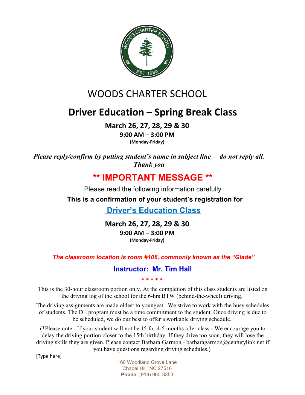 Driver Education Spring Break Class