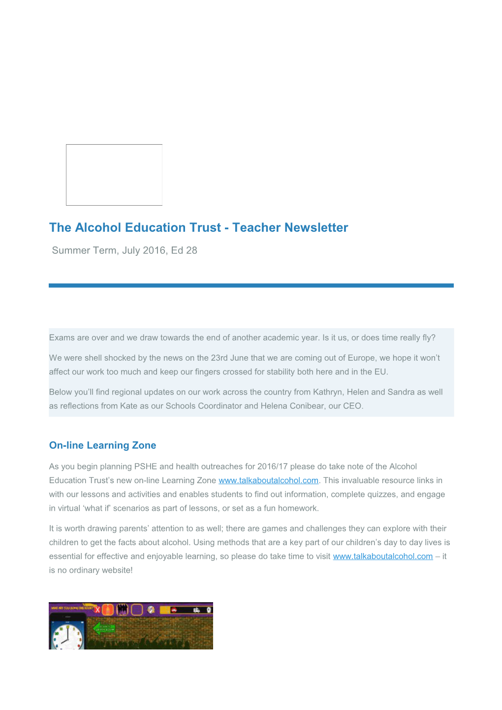 The Alcohol Education Trust - Teacher Newsletter