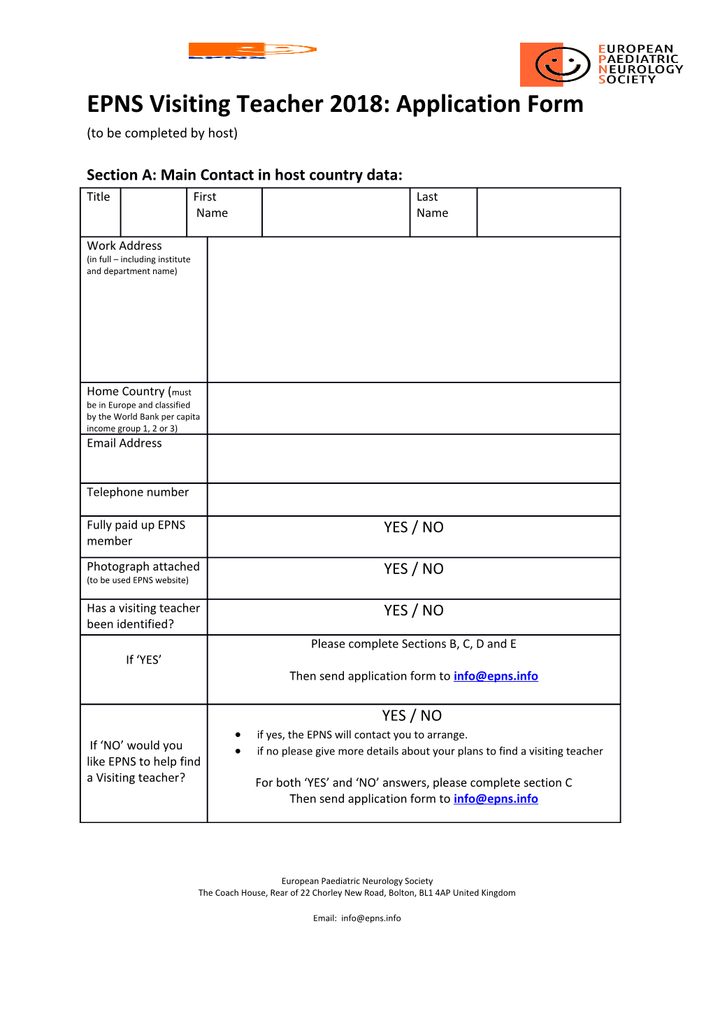 EPNS Visiting Teacher 2018: Application Form