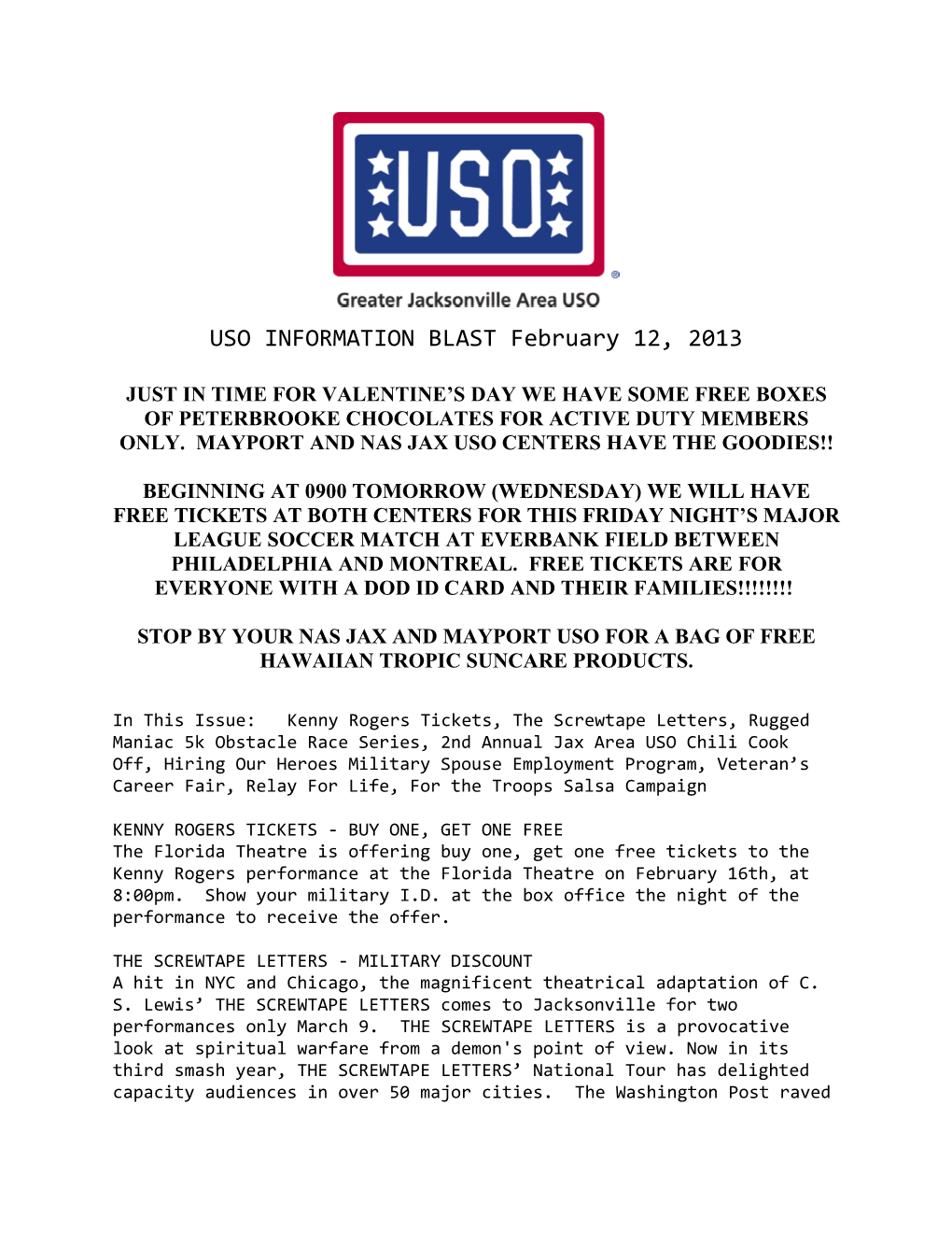 USO INFORMATION BLAST February 12, 2013