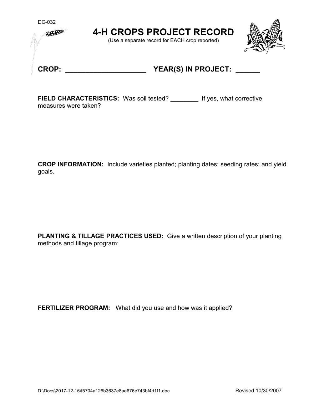 4-H Crops Project Record