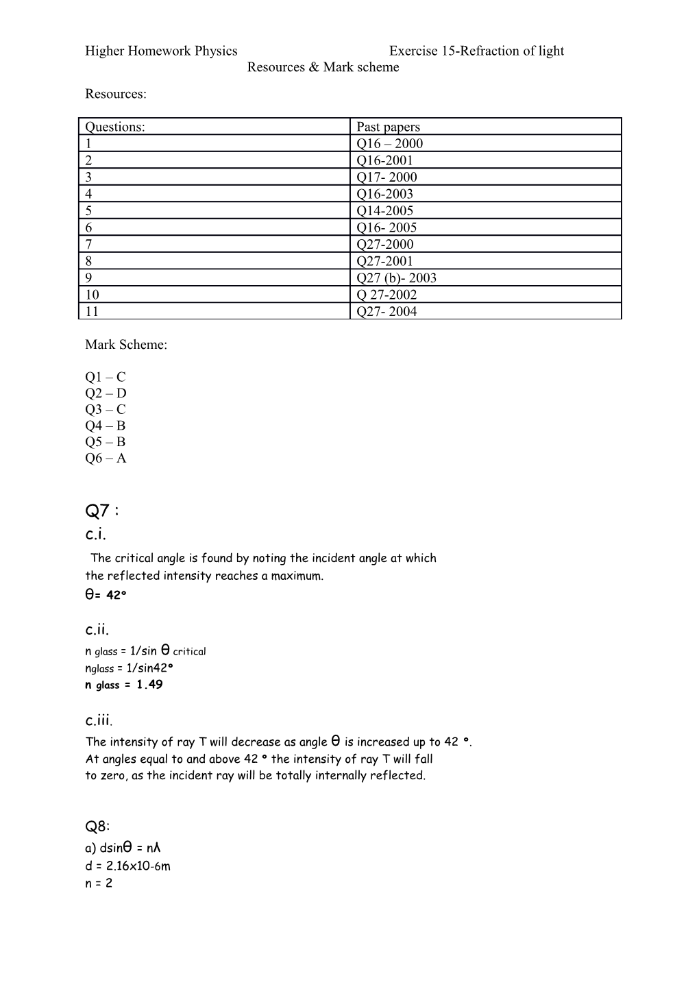 Higher Homework Physics Exercise 15-Refraction of Light