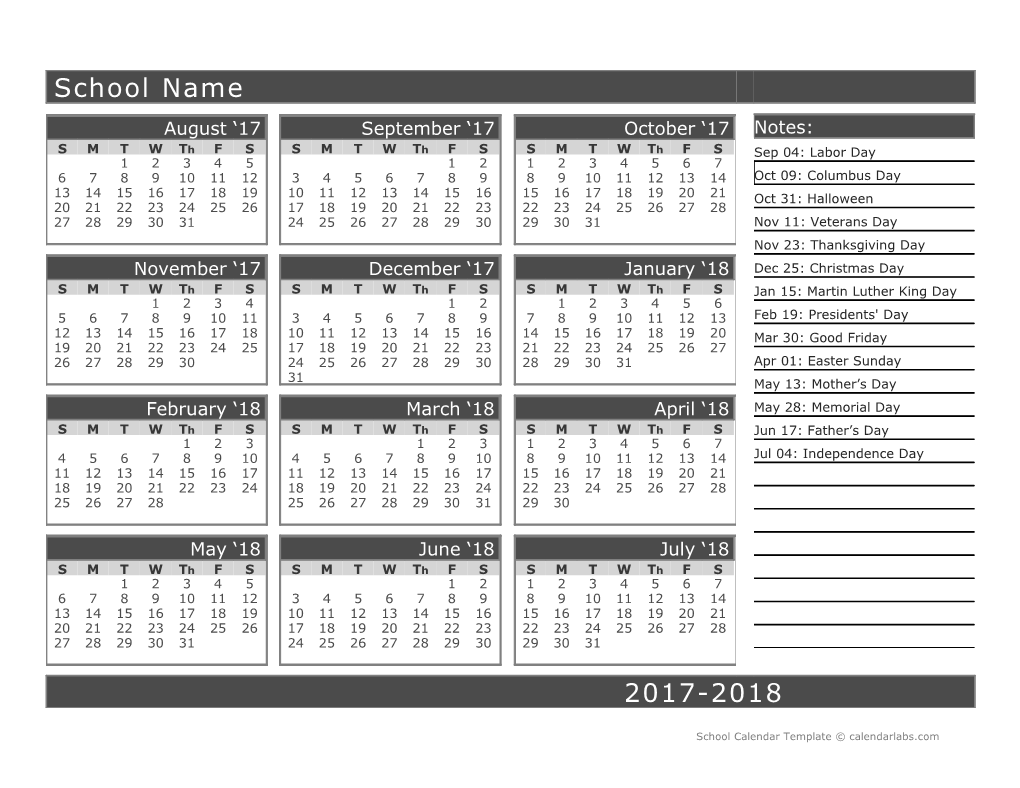 2017-18 Yearly School Calendar - Calendarlabs.Com s11