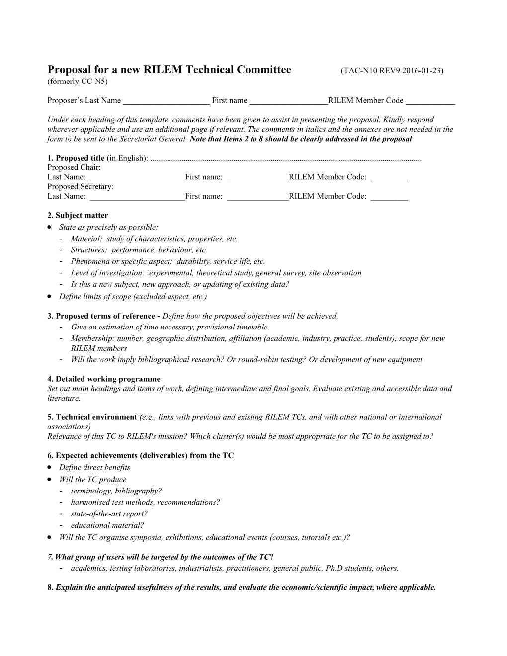 Proposal for a New RILEM Technical Committee (TAC-N10 REV92016-01-23)