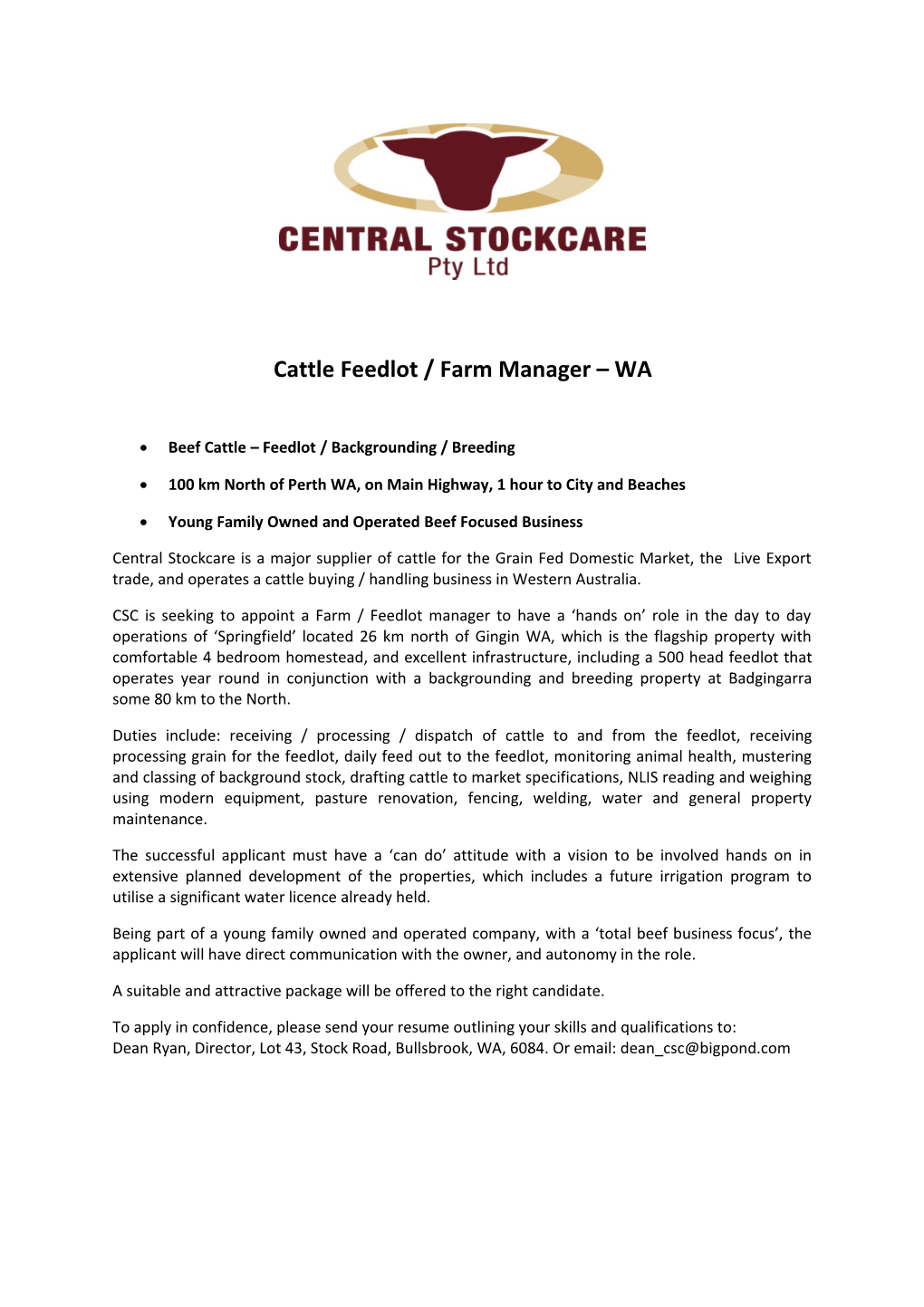 Cattle Feedlot / Farm Manager WA