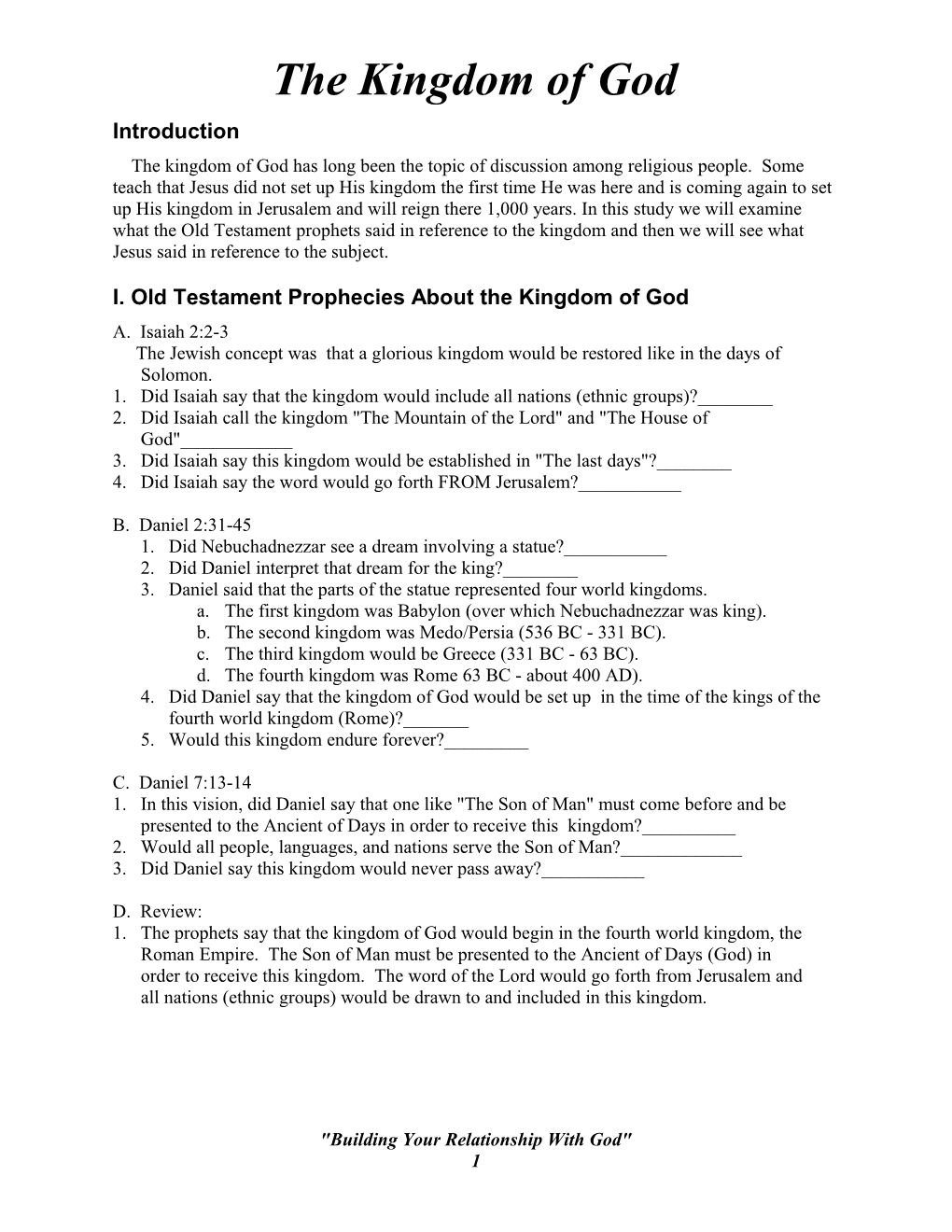 I. Old Testament Prophecies About the Kingdom of God