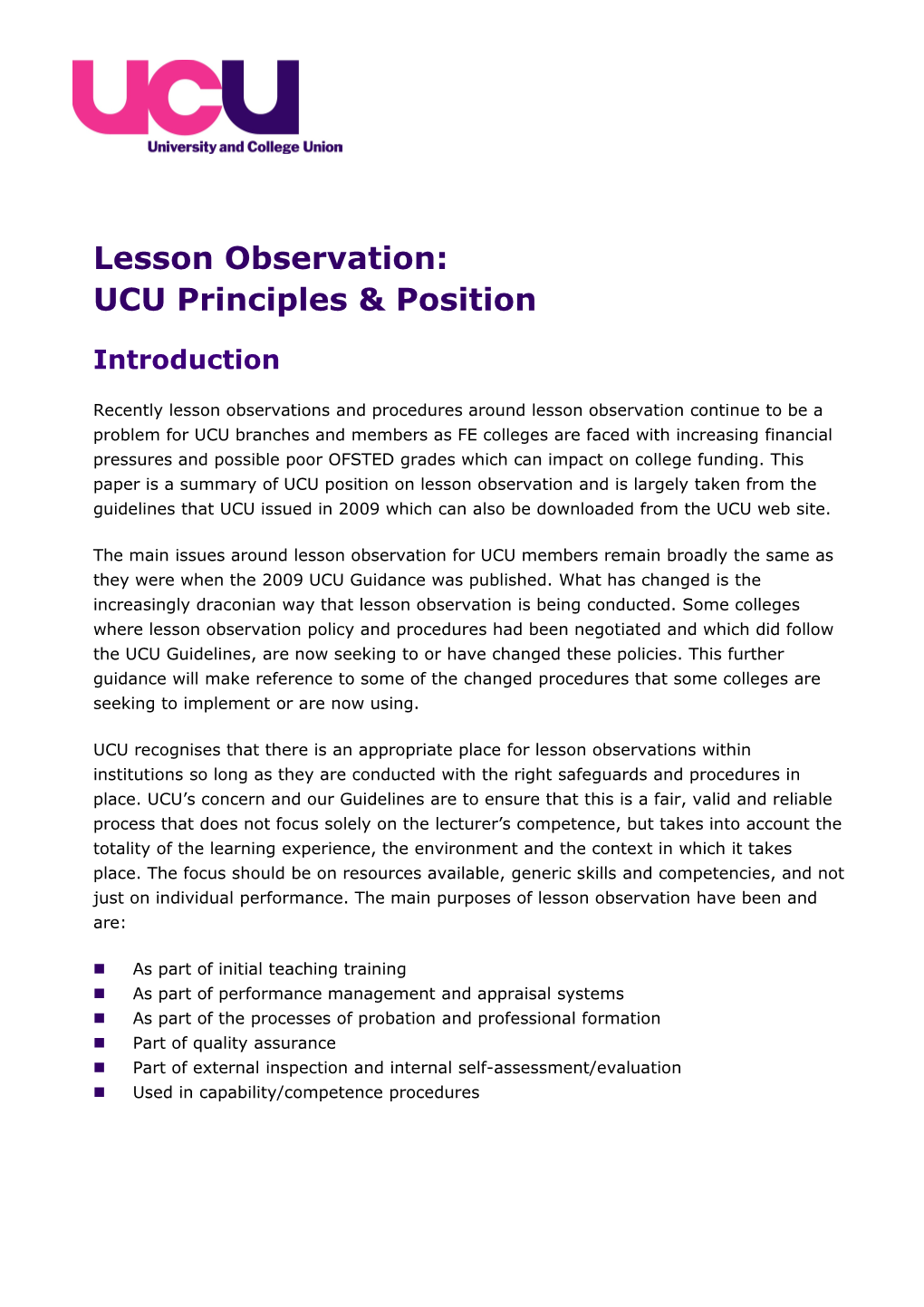 Lesson Observation: UCU Principles & Position