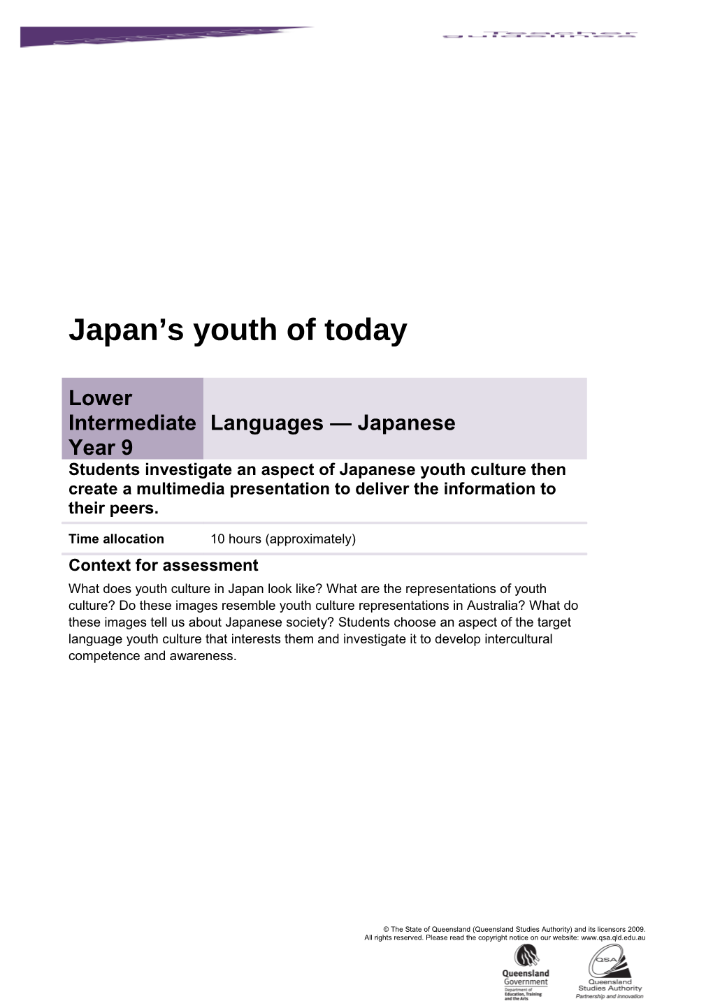 Year 9 Languages Assessment Teacher Guidelines Japan's Youth of Today Queensland Essential