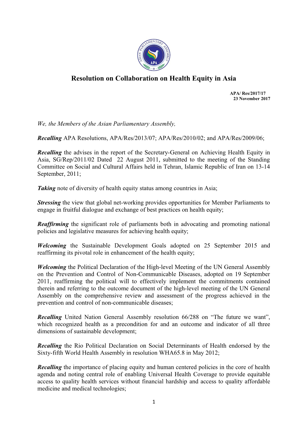 Resolution on Collaboration on Health Equity in Asia