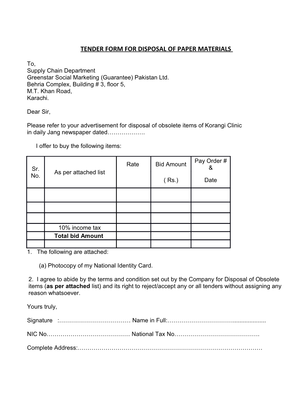 Tender Form for Vehicle