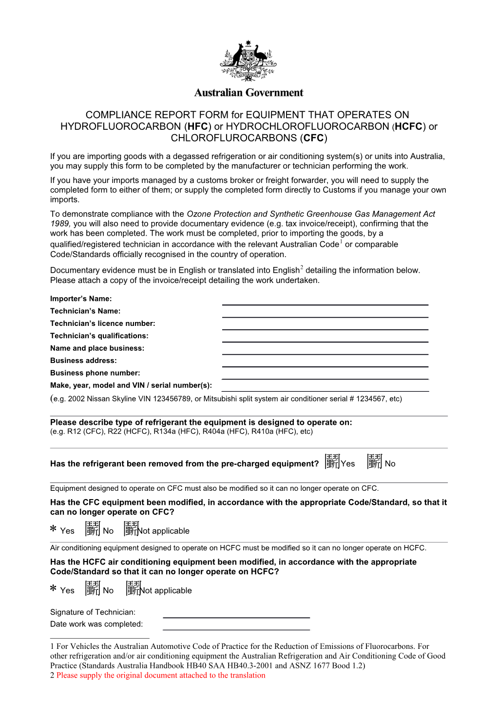 Compliance Report Form for Equipment That Operates on Hydrofluorocarbon (HFC) Or