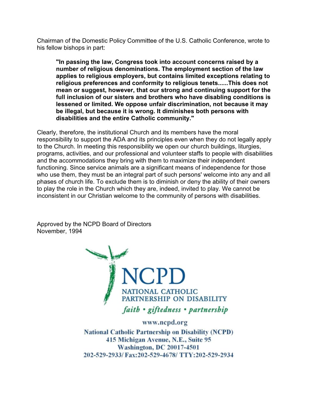 NCPD Board: Guidelines for the Admission of Service Animals to Church Facilities, Programs