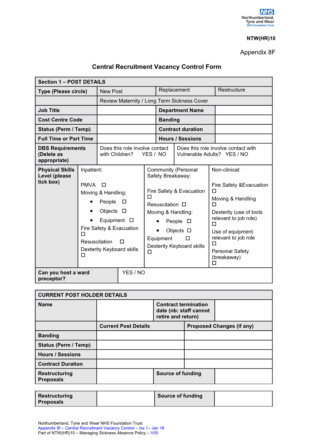 Central Recruitment Vacancy Control Form